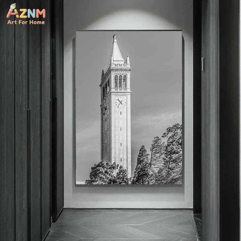 AZNM Black And White Cityscape Canvas Wall Art, Vintage Monochrome Famous Architecture Skyline Landmark Photography Print, Frame