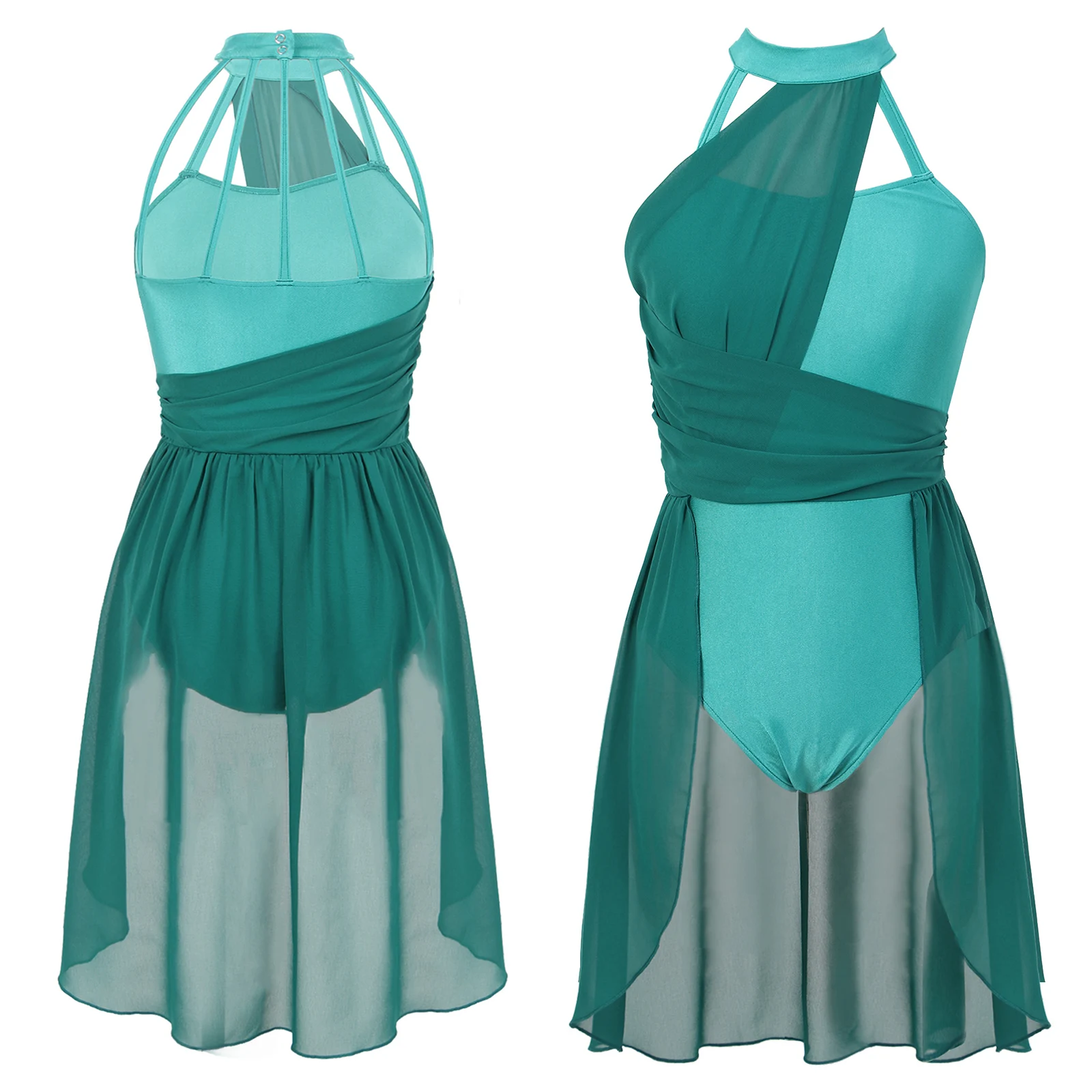 

Womens Ballet Leotard Dress Lyrical Dance Costume Ruched Chiffon Back Strappy Sleeveless Leotard Contemporary Modern Dance Wear