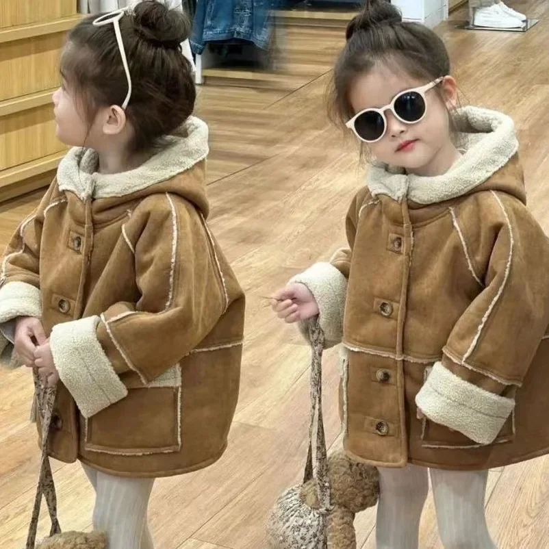 Girls Khaki Fashion Coat 2024 New Winter Lamb Fleece Double Fur One Thick Coat Korean Simple Style Clothes Simple Casual Top