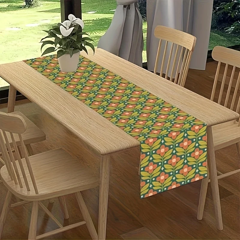 70s Retro Groovy Floral Table Runner - Green Hippie Funky Home Party Decor
