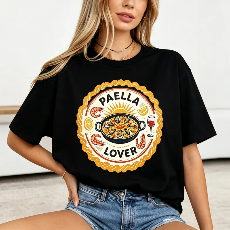 Retro Spanish Food T Shirt Vintage Paella Lover Graphic Tee Women Seafood Travel Souvenir Casual Short Sleeve Holiday Vacation