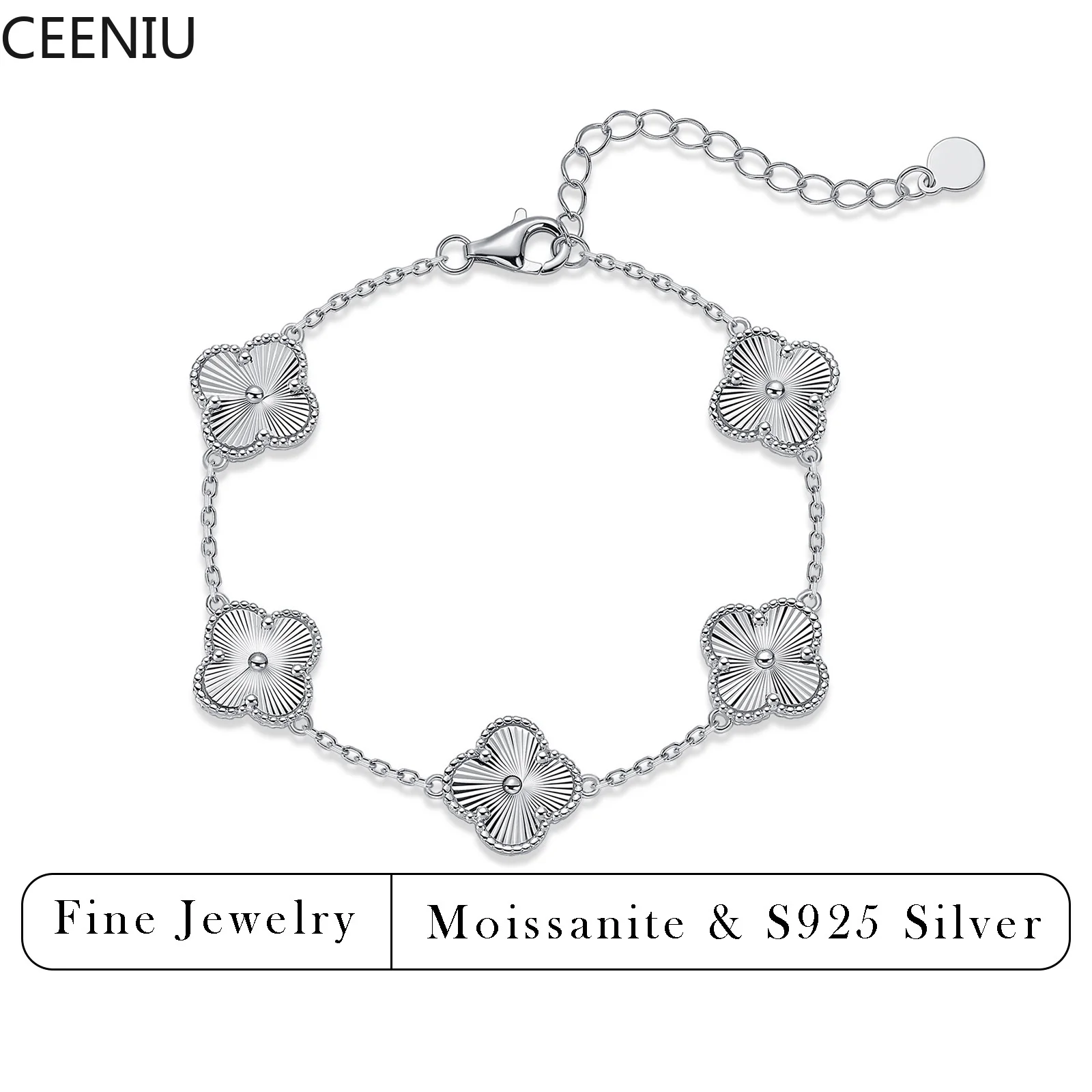 S925 Sterling Silver 5 Motifs Four-Leaf Flower Bracelet Women Adjustable Chain Lucky Jewelry Gift