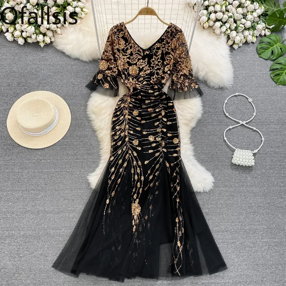 Ofallsis V neck Sequins Flare Sleeve Evening Dress 2023 Summer Elegant Long Toast Dinner Host Waistband Mesh Fishtail Dresses