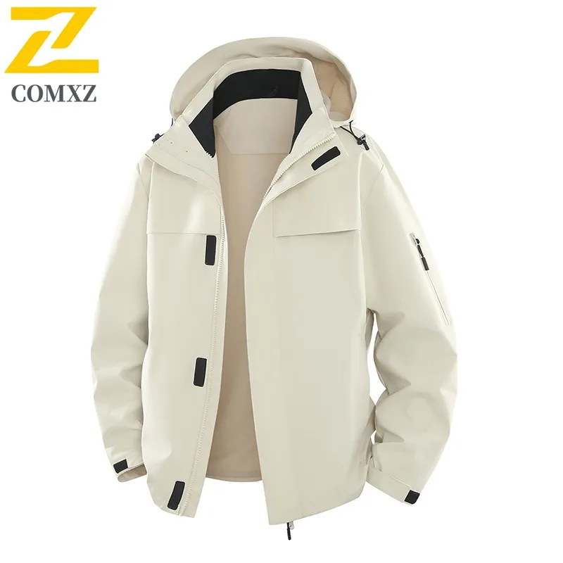 Comxz jaqueta masculina de alta qualidade, cor sólida, multibolsos, viagem, caminhadas, corta-vento, acampamento, bonito, casaco com capuz