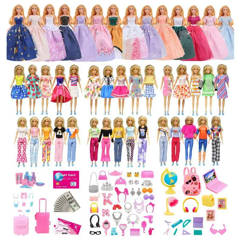 

Hot Sale Kawaii 115 Items/ Lot =Random 3 Long Dress + 5 Fashion Skirts +5 Top 5 Pants + 97 Doll Accessories For Barbie DIY Game