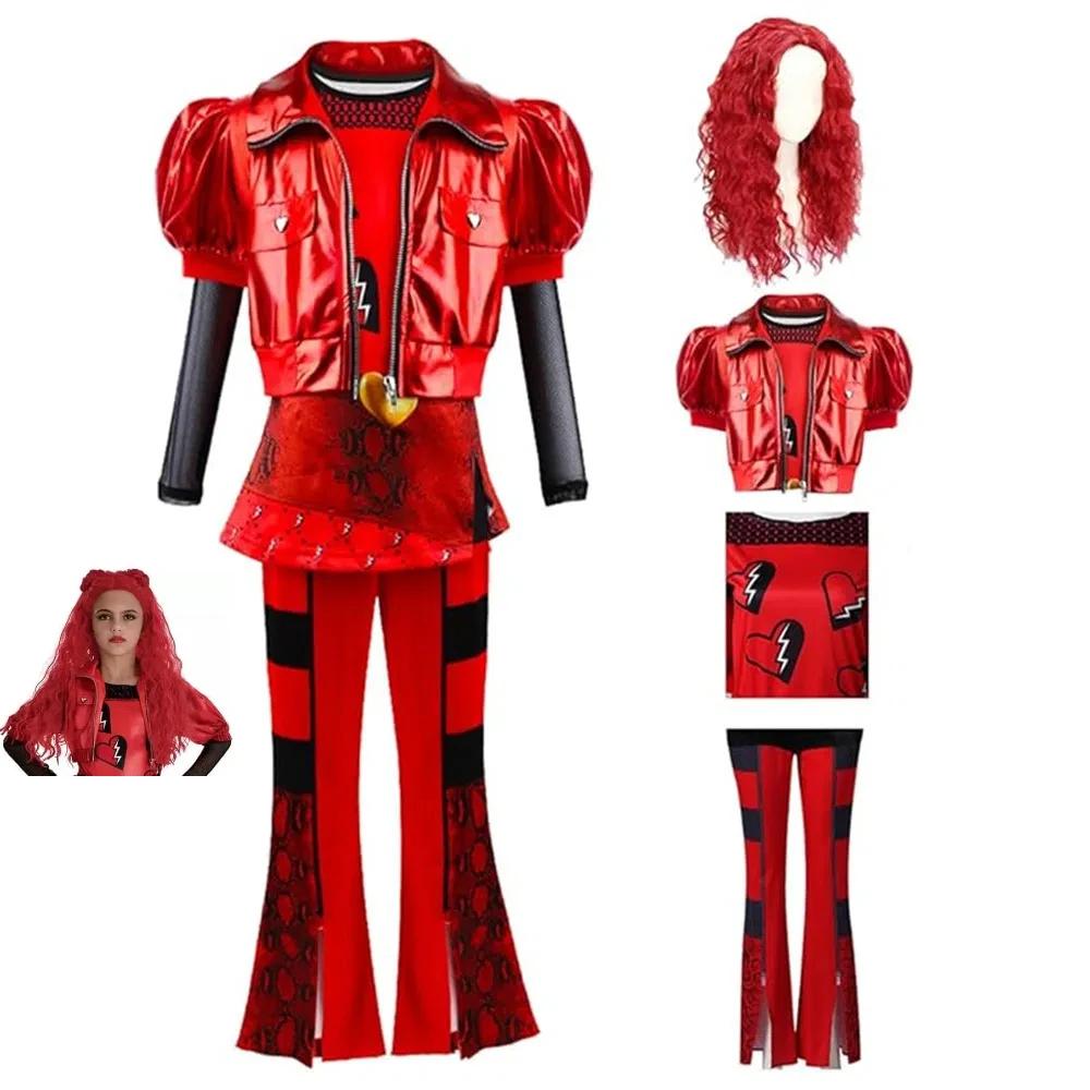 Child Size Descendants The Rise of Red Female Cosplay Costume Uniform Suit Coat Pants Wig Suit Halloween Role Play Stage Outfit