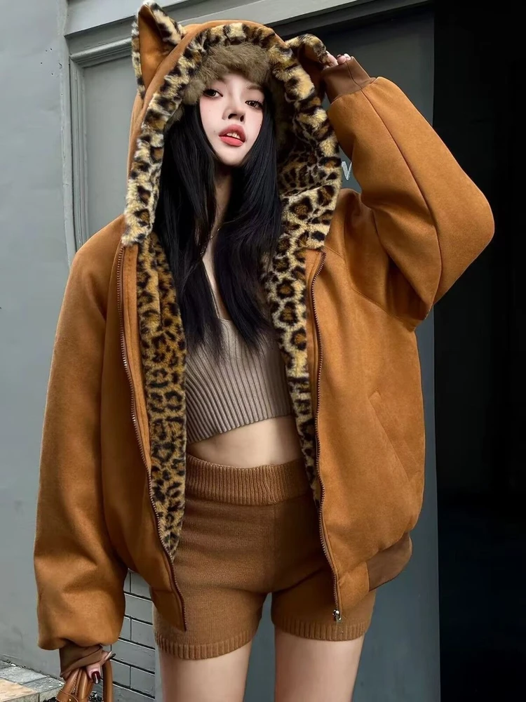 American Vintage Y2K Cat Ear Hood Leopard Print Parka Women Suede Thick Warm Oversized Loose Fit Winter Coat Casual Outfit 2026