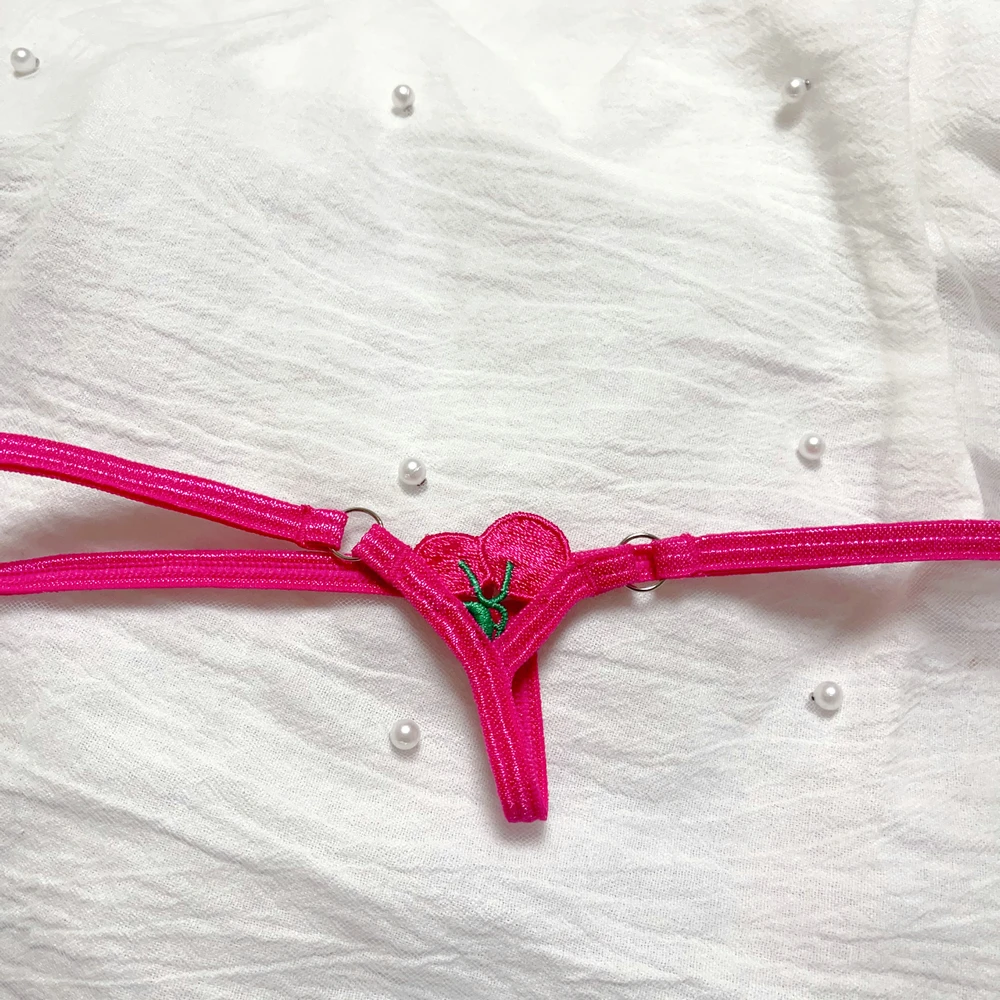 Extra Mini Female Tback Crotchless Sexy Thong Hot Pink Cherries G-String Shorts Crotch Depth Sexy Erotic Women Underpants