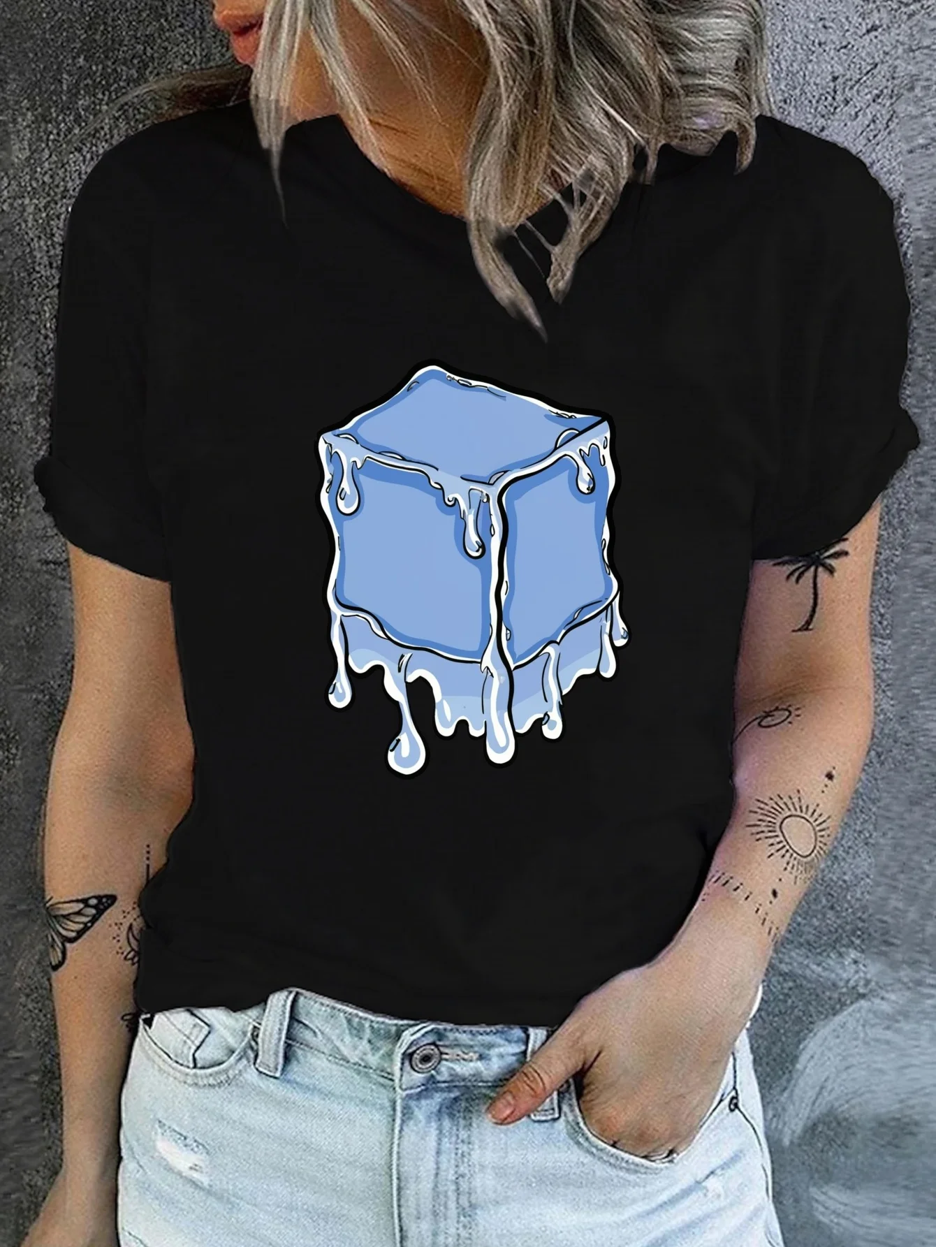 ذوبان الجليد طباعة طاقم الرقبة عادية كم قصير الأعلى لربيع وصيف Harajuku قصيرة الأكمام الشارع بلايز تيز الملابس الجمالية