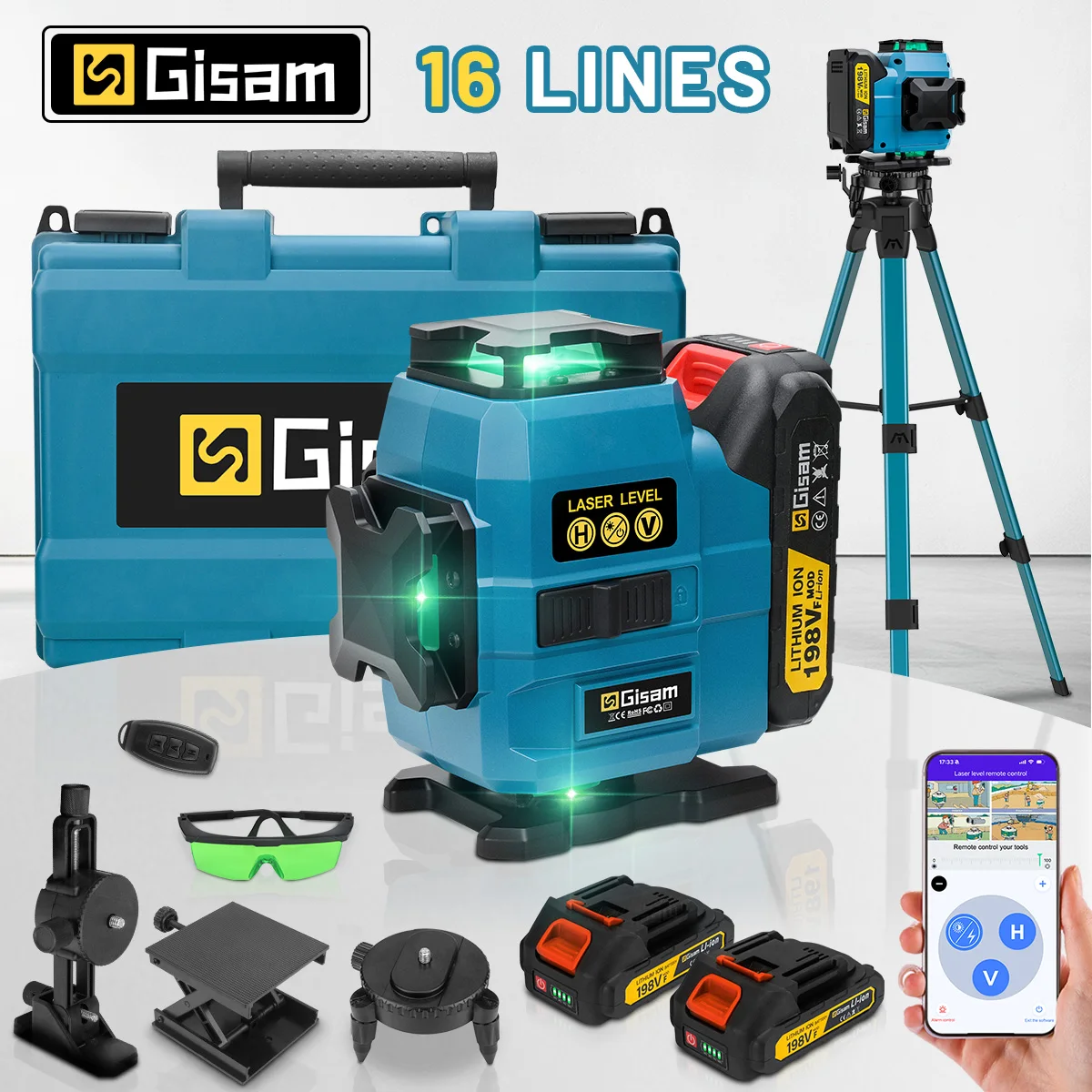 Gami 16 lignes niveau Laser trépied ligne verte auto-nivelant 360 télécommande horizontale et verticale pour makita 18v broches de batterie
