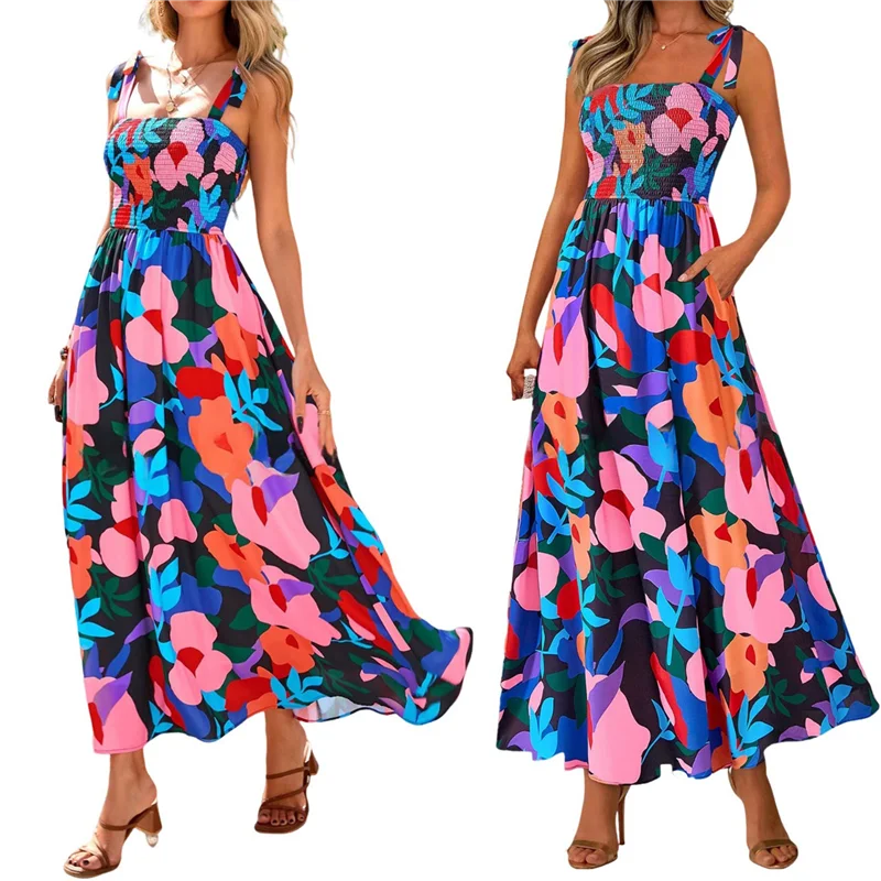A83F-Vestito lungo estivo da donna senza maniche smock Boho con cinturino per spaghetti A Line Flowy Beach Long Sundress