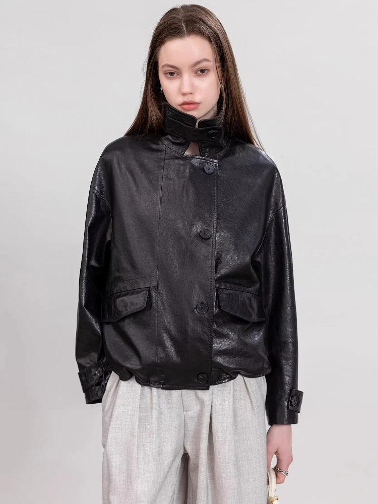 

Casual Short Genuine Leather Motorcycle Jackets Women Spring Autumn High-end Simple Loose Soft Oil Wax Black Real Sheepskin Coat