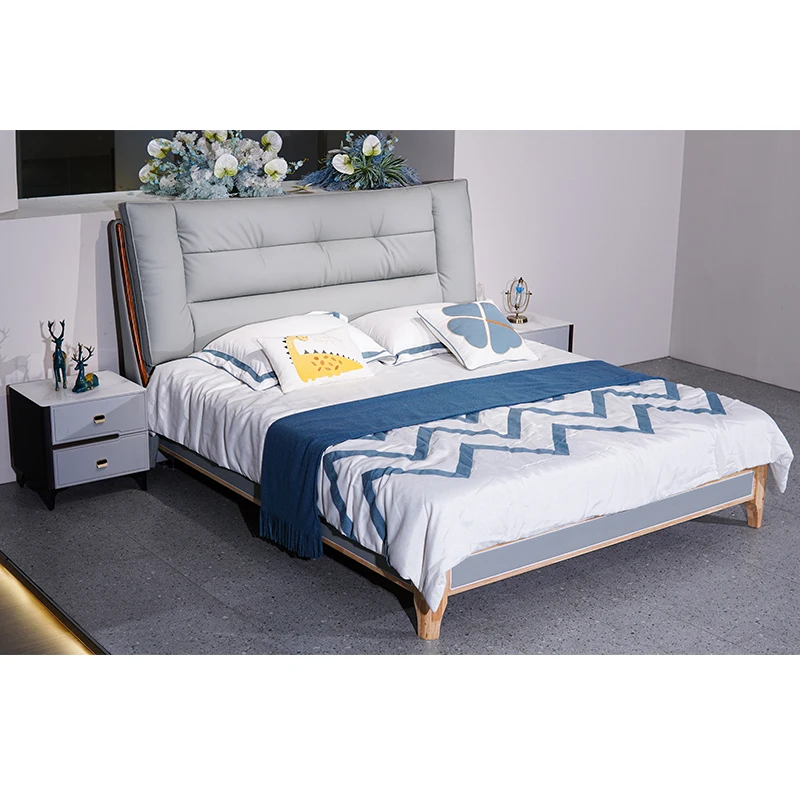 #2024 Newly Design Mortise and Tenon Joint Construction Leather Bed for Bedroom Set Solid Wood Bed Frame