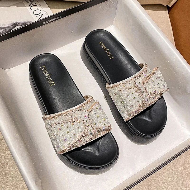 

Женские тапочки со стразами, летняя одежда, модные туфли-маффины на толстой подошве и сандалии, женские большие размеры, Zapatillas De Mujer