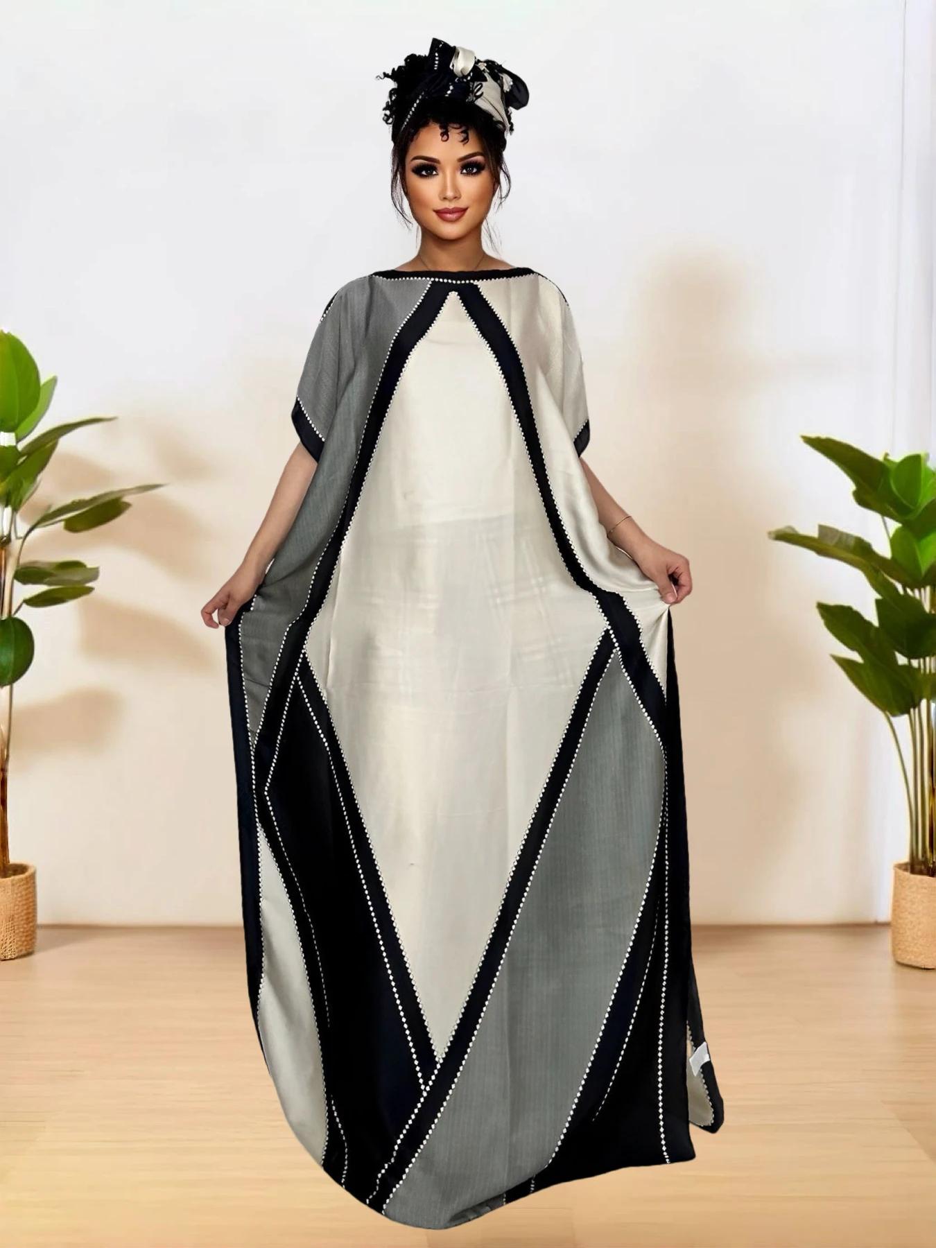 

Women's Print Maxi Dress Flowy Loose Fit, Side Split, Elegant Beach Abaya Dress with Scarf
