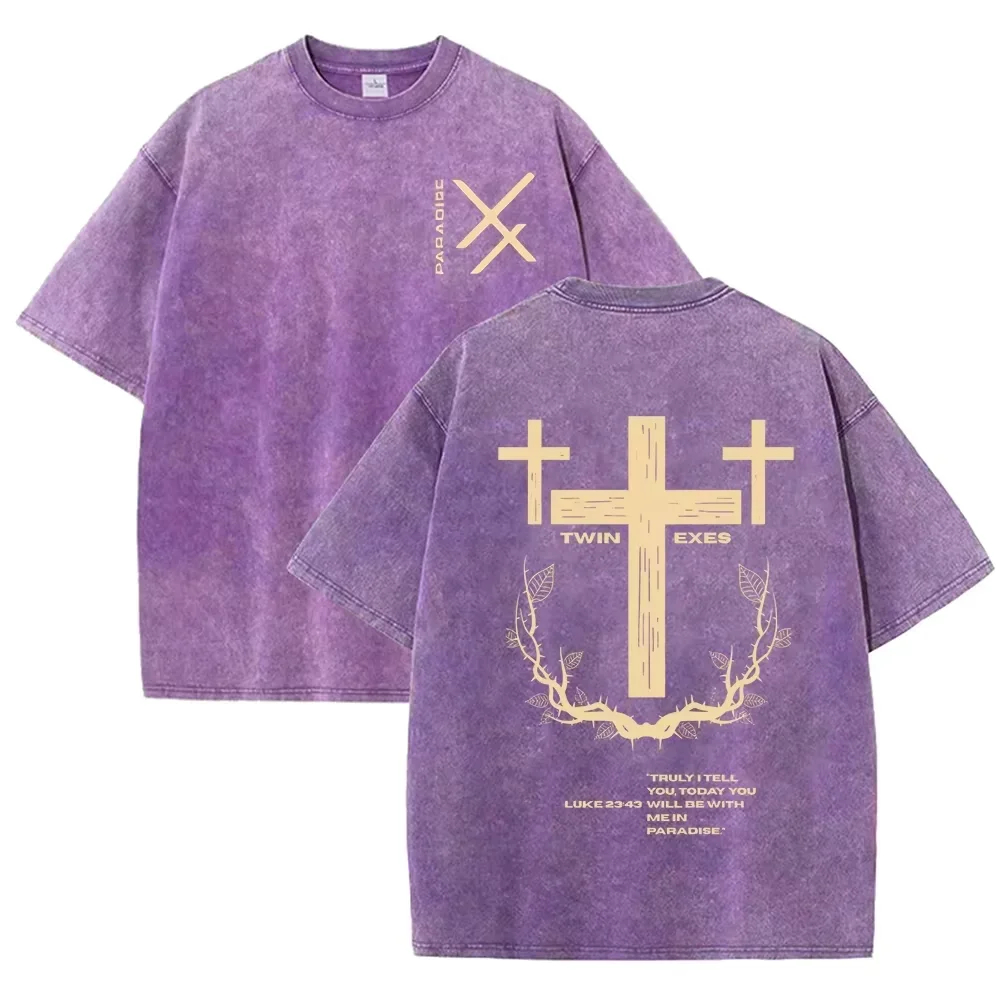 Retro Acid Wash Oversized T-Shirt mit Christlichem Kreuz und Paradies-Schriftzug, Lässiges Streetwear-T-Shirt für Männer und Frauen – Detail 6