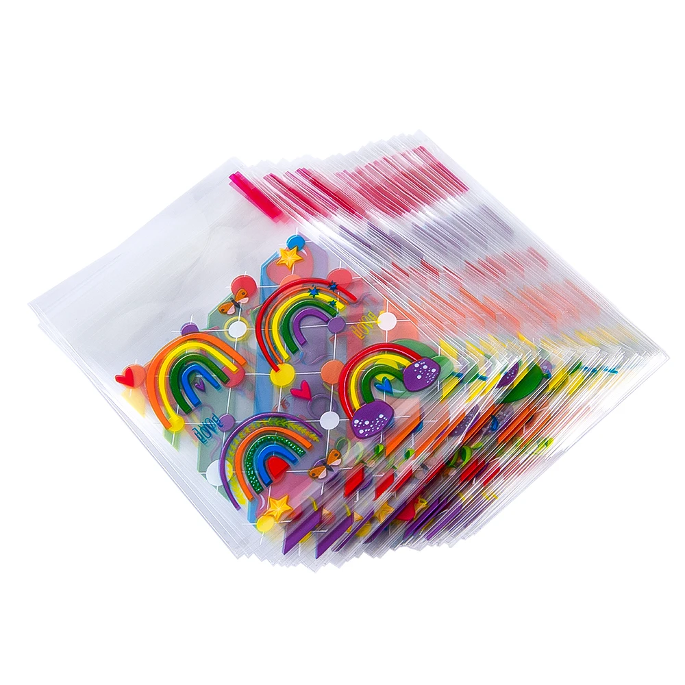 50pcs Self Sealing Cookie Bags for Packaging Rainbow Cellophane Treat Bags for Gift Giving Packaging Valentines Birthday Party