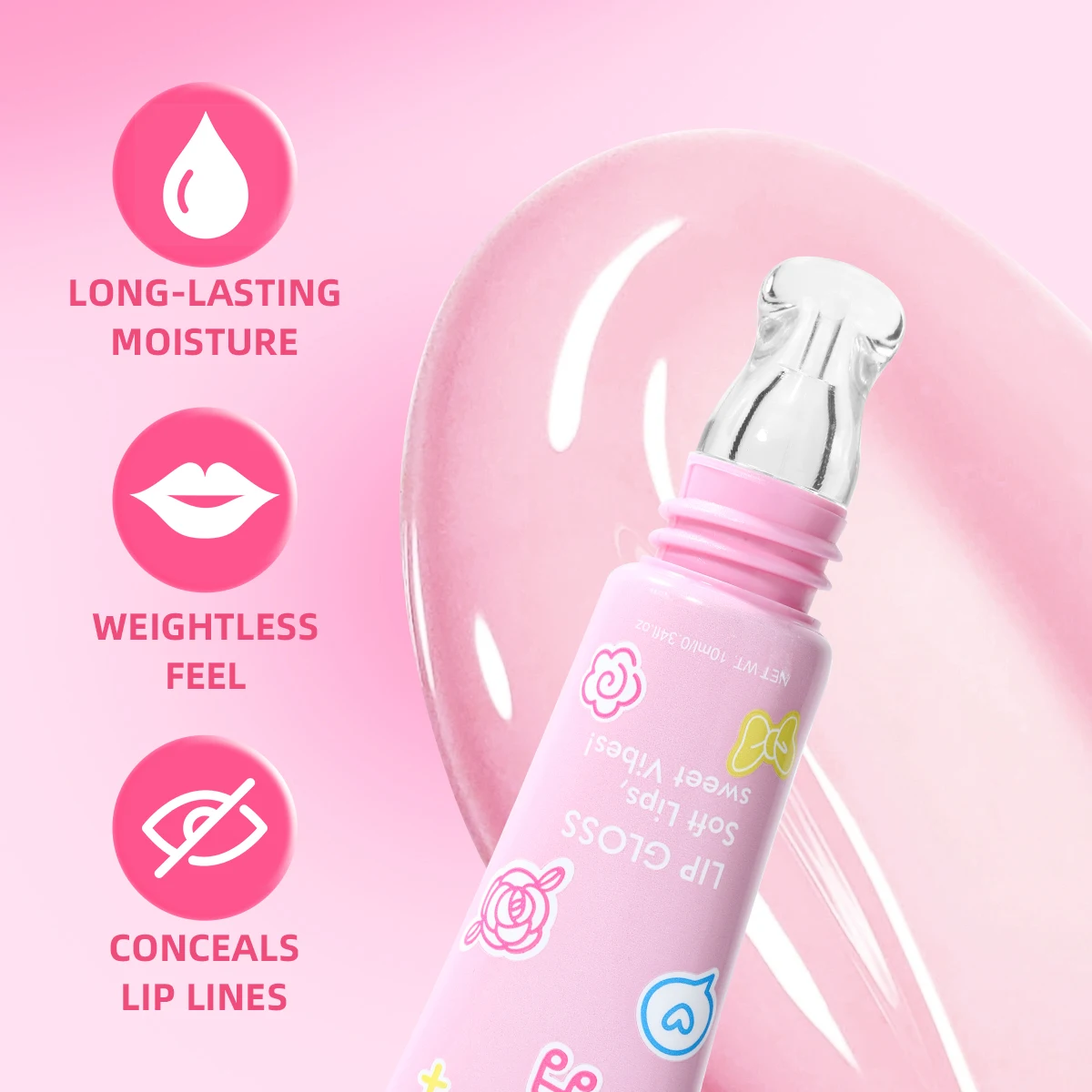 SAS Lichtgewicht, geleiachtige lipgloss die hydrateert, hydrateert, vermindert liplijnen en creëert een zoete liplook.