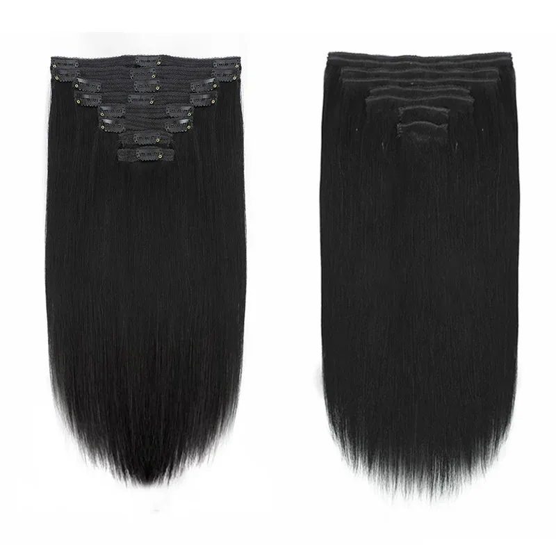 Clipe sem costura em extensões de cabelo, virgem brasileira reta, 100% cabelo humano real, cor preta natural, 16-26 em, 8PCs