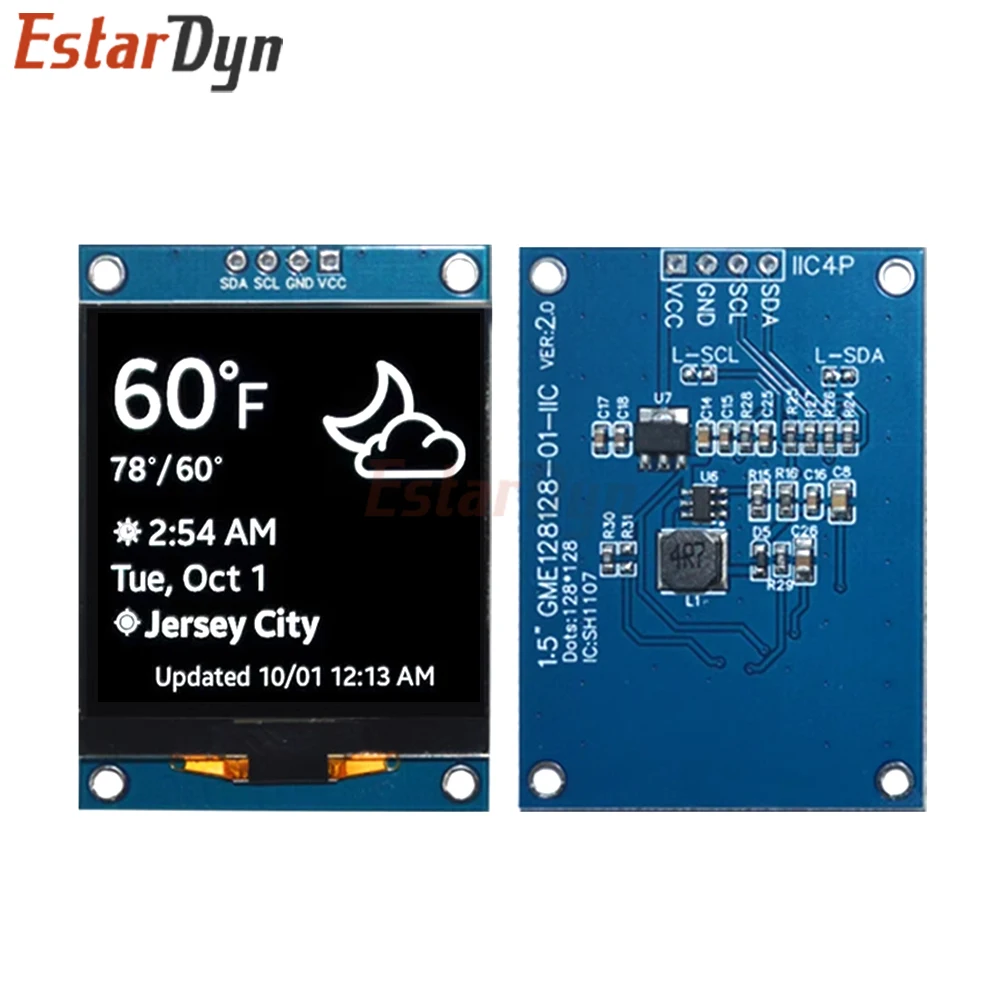 EstarDyn 1.5 Inch SH1107 OLED Display Module, 128x128 I2C 4Pin Screen for Arduino ESP32 Raspberry Pi