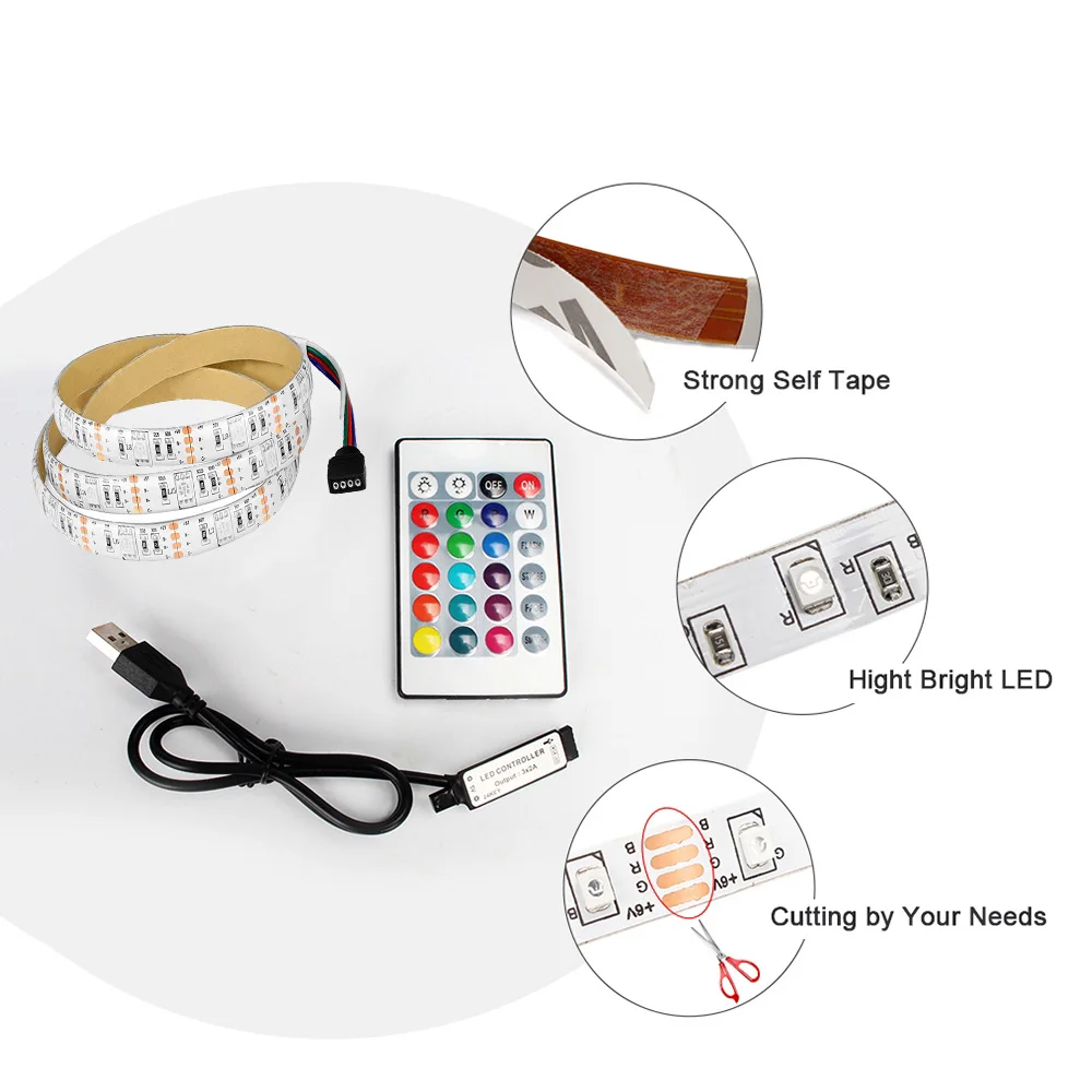 

Светодиодная лента RGB 2835 SMD с USB, 5 В, неоновая Светодиодная лента для подсветки телевизора, дистанционное управление с 24 кнопками, без водонепроницаемости, 1 м, 2 м, 3 м, 4 м, 5 м