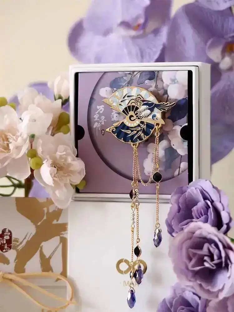 Chinese Fan Magpie Bird Enamel Brooch With Crystal Tassel Chain Vintage Floral Lapel Pin Hanfu Suit Jewelry Gift