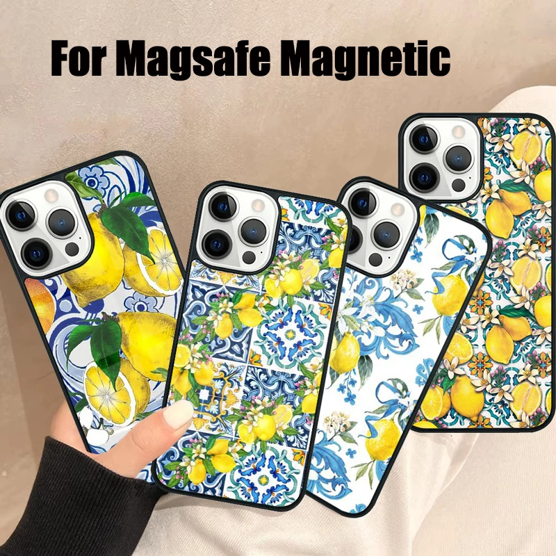 Mediterranean Lemon Magsafe Phone Case For iPhone 16 15 14 13 12 11 Pro Max Plus Mirror Wireless Magnetic Cover