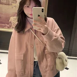 Spring Autumn Simplicity Solid Color Corduroy Coat Women Fashion Loose Long Sleeve Jackets Casual All-match Office Lady Tops