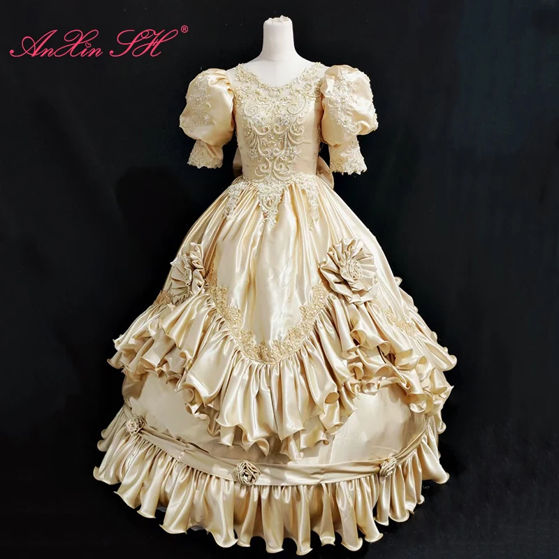 AnXin SH vintage golden satin big flower princess v neck ruffles beading pearls short sleeve Antique customized wedding dress