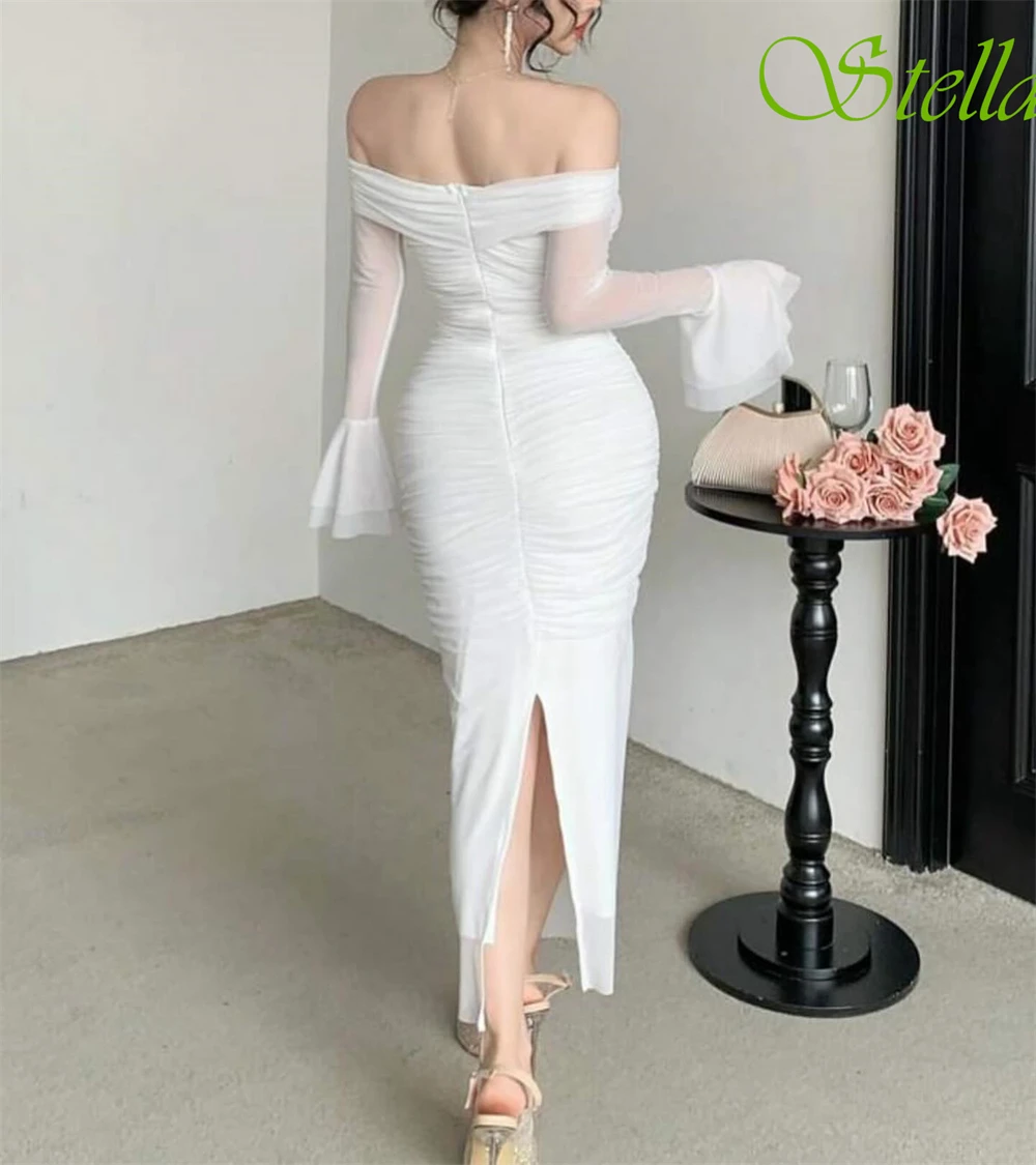 Robe de soirée élégante personnalisée, épaules dénudées, manches 3/4, transparente, en mousseline de soie, robes de bal de tempérament, robes de soirée de mariée