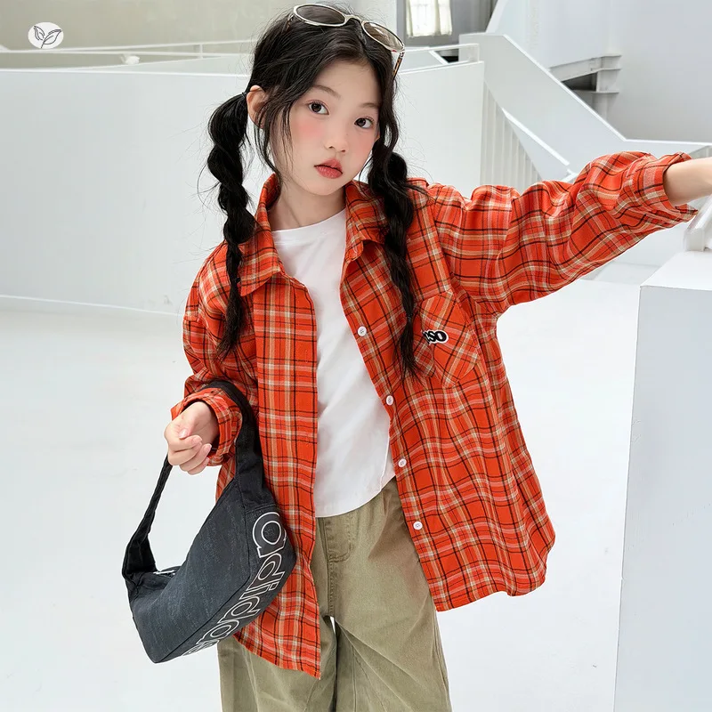 Girls' shirt2026New autumn collection for older children: plaid cardigan with a turn-down collar and pleated wide-leg pants chil