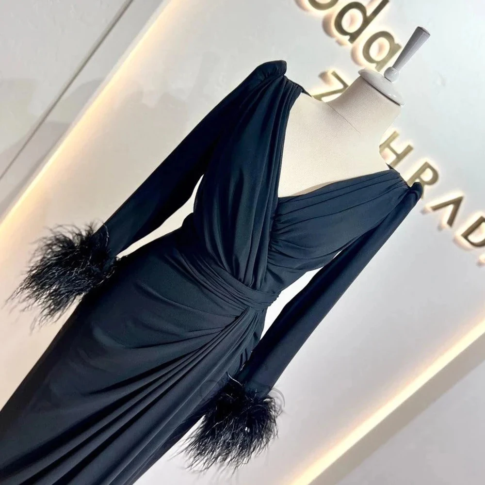 Elegant Black Gown with V-neck Long Sleeve Satin Ruffled Feathers and Floor-Length Evening Gown for Women فساتين للحفلات الراقصة