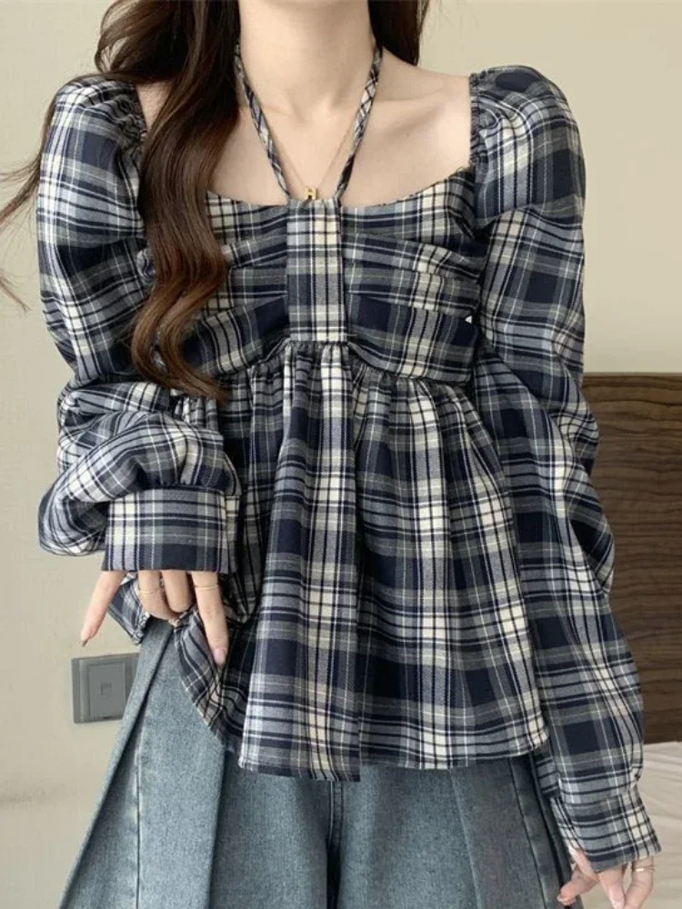 بلوزة منقوشة للسيدات بأكمام واسعة على الطراز الكوري للربيع تصميم نحيف مضاء موضة ريترو كل مباراة ملابس الشارع الشهير De Mujer #1