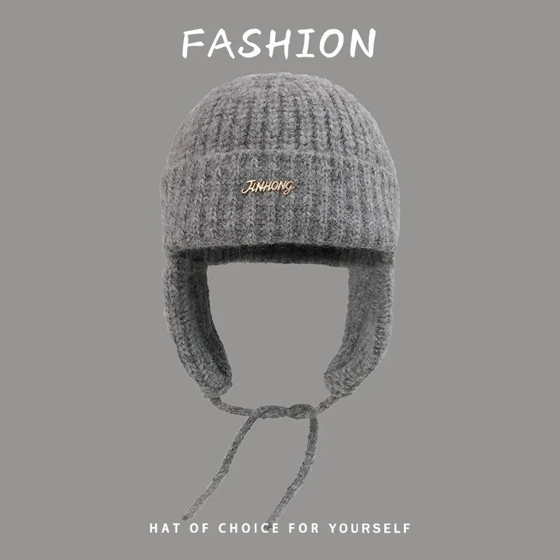 Niedliche, einfarbige, gerippte Strickmützen mit Ohrenschutz für Damen, Herbst-Winter, warme Mützen mit Kordel und Ohrenklappen, Streetwear-Mütze für Herren – Detail 6
