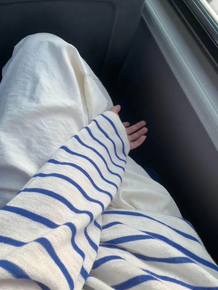 Loose Women's Long Sleeve T-Shirt Blue Stripes Summer Lazy Style Knitted Cover up Slimming Color Block Top Casual Wear
