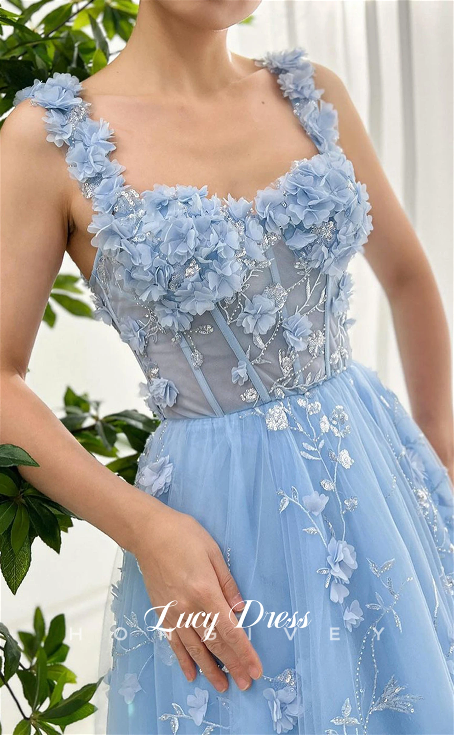 Lucy Coming of Age Dress Sky Blue Line A 3D Flowers Mesh Graduation Gown Birthday Party Quinceanera Dresses Ball Gowns Prom