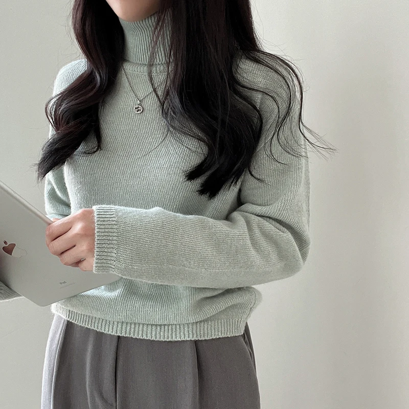 

Korean style High-neck thermal pullover sweater solid color versatile bottomed knitted top women