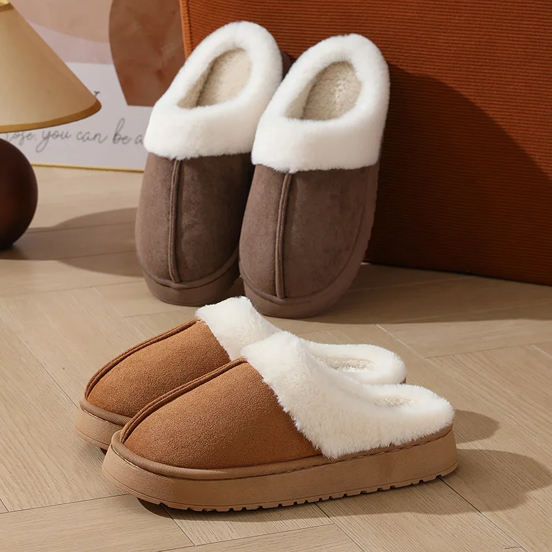 Women's plush slippers winter outdoor, thick sole non-slip fur flip flops with fur collar, warm unisex house shoes for home use