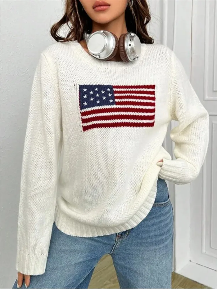 Harajuku Knitted Pullover for Women, Flag Pattern Sweater, Loose Warm Sweater, Long Sleeve, Round, Casual, Street, New, Y2k, 202