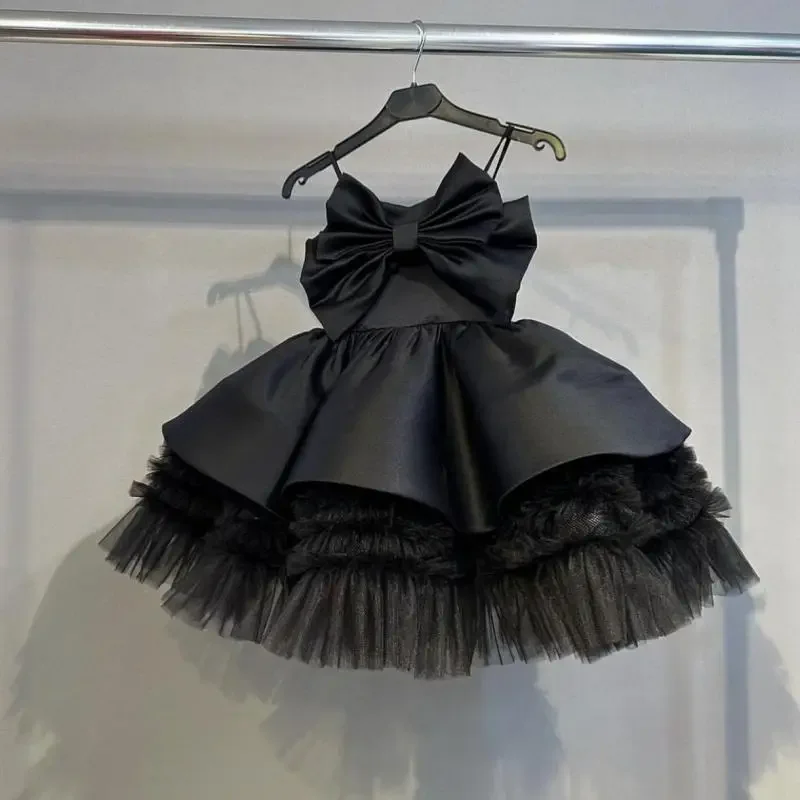 Solid Elegant Girl's Sling Dress Fashion Walk Show Costume Children Princess Fluffy Dress Sleeveless Kid Ballroom Clothing