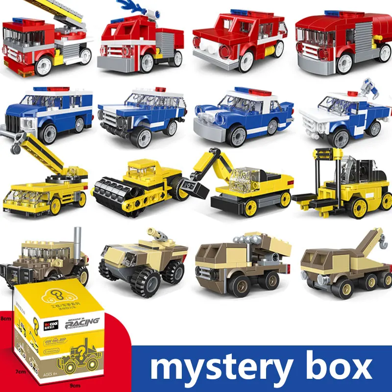 Mystery box Mini Pull Back Car Fire Police Engineering Vehicle Mistery Box Series Children's Assembled Building Block Toys