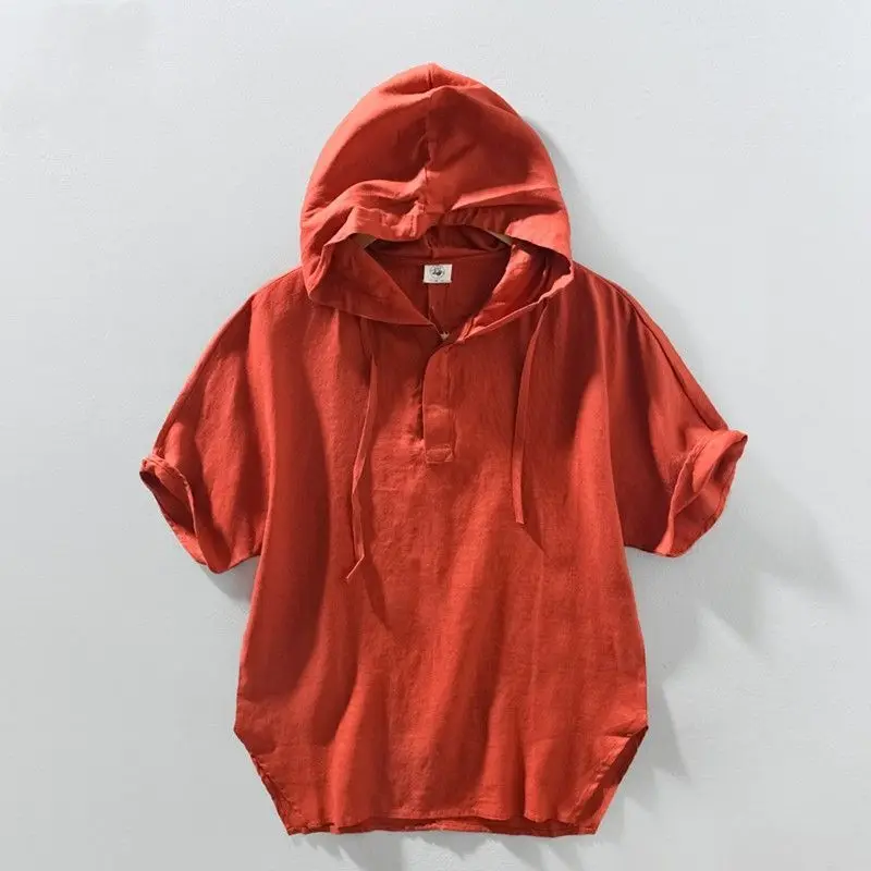 Men 2026 Summer New Hooded Short Sleeve Shirt Casual Loose Solid Color Thin Comfortable Breathable Linen Pullover Trend New Top