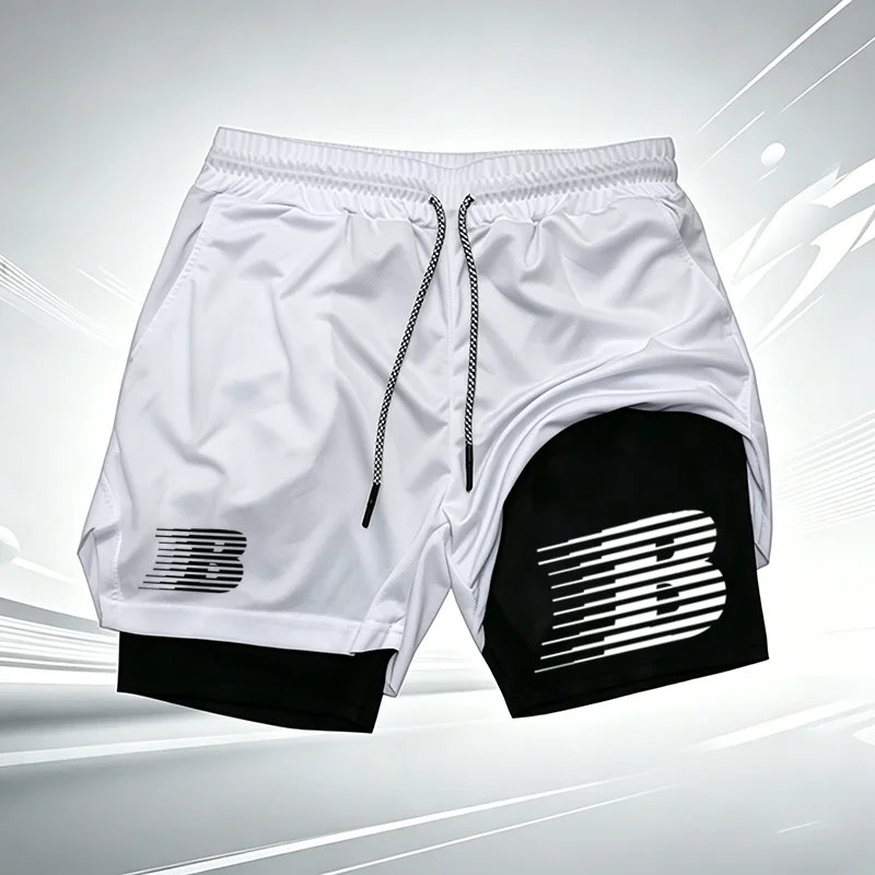 Print 2in1 Running Shorts for Men Gym Workout Compression Shorts with Pocket Towel Loop Summer Sport Athletic Activewear wx202