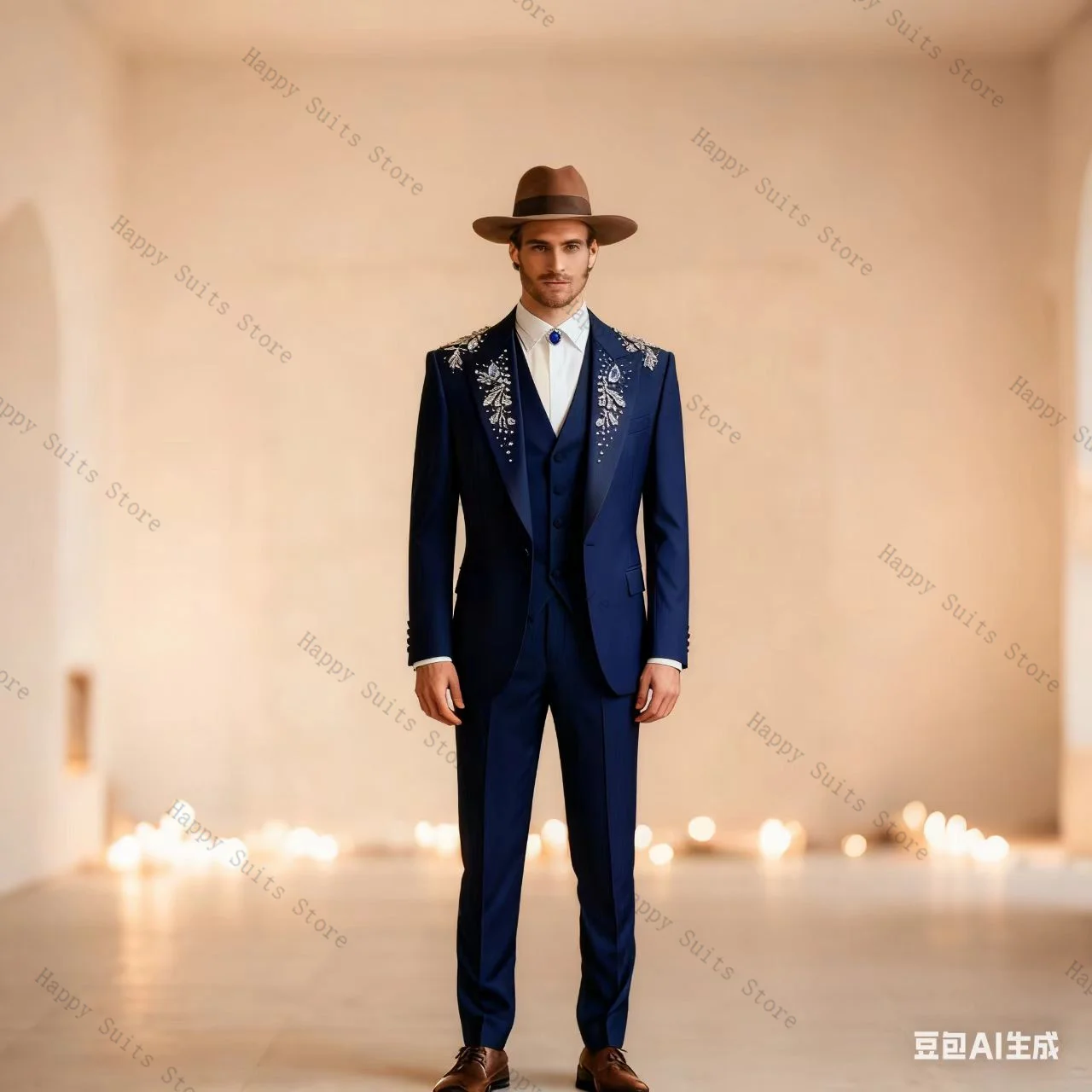 الأزرق بلورات الرجال دعوى مجموعة 3 قطعة سترة + السترة + السراويل بنطلون مكتب رسمي معطف القطن الزفاف البدلات الرسمية سترة مخصصة الزي