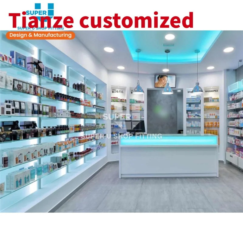 (customized)Modern Wall Mount Shelves Medical Store Shelves Glass Pharmacy Display Shelves Furniture LED Light Retail Pharmacy D