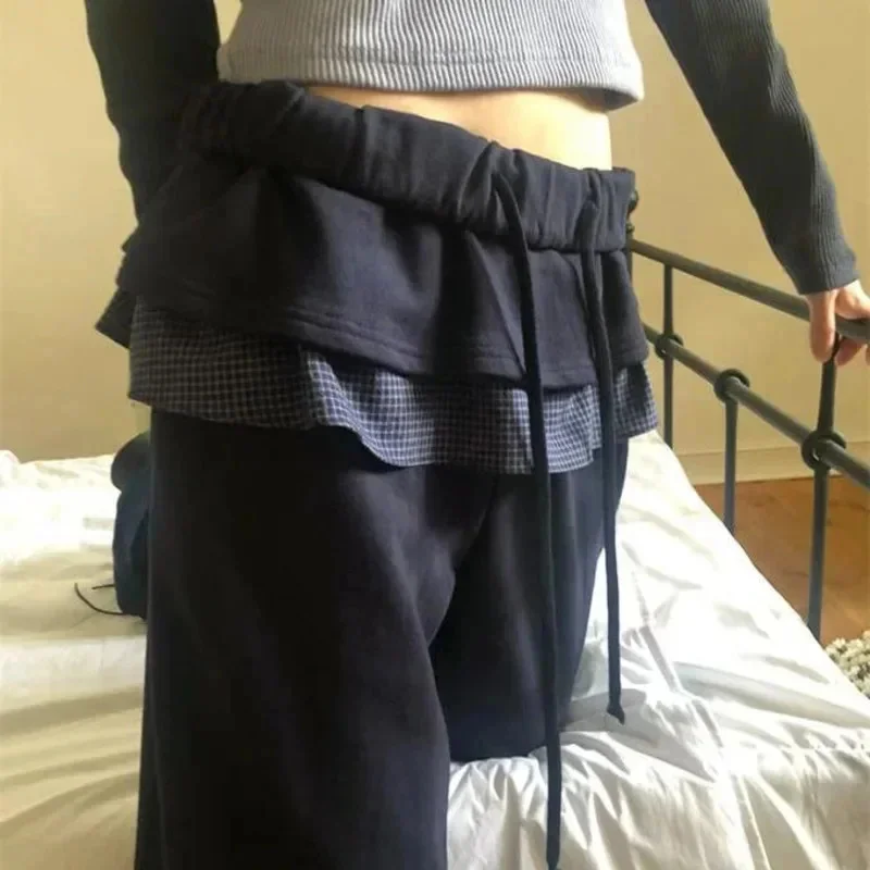 Dongdaemun Y2K Lattice Layered Pants Korean Women summer Autumn Cute Leaf Splicing Skirt Pants Elastic Waist Casual Pants New