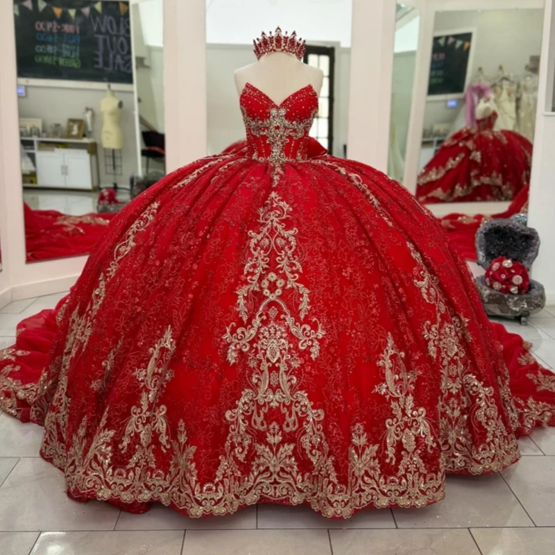 

Red Shiny Quinceanera Dresses Ball Gown Off The Shoulder Applique Lace Beading Bow Tull Corset Party Birthday Sweet 16 Vestidos