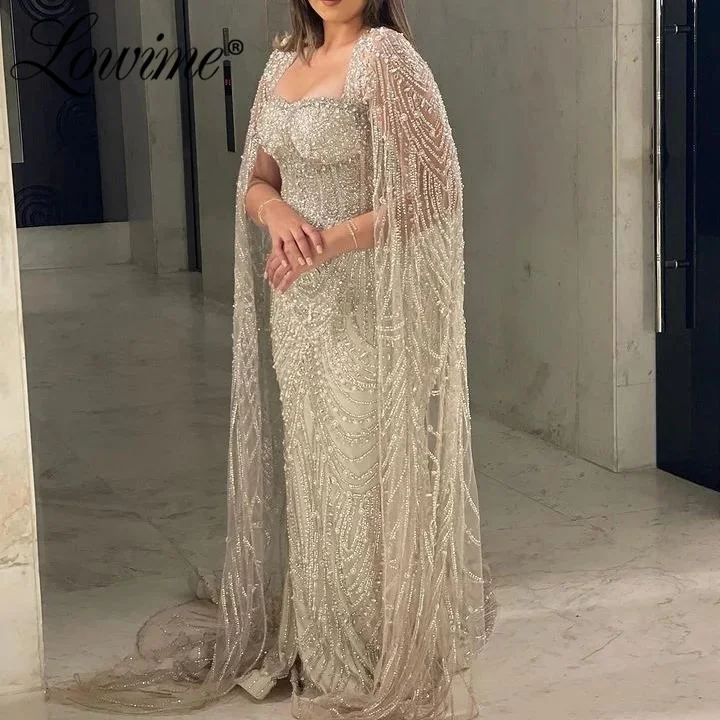 Dubai Design Cape Sleeves Long Evening Dress Plus Size Pearl Beaded Formal Party Dresses Silver Arabic Prom Gowns Robe De Soiree