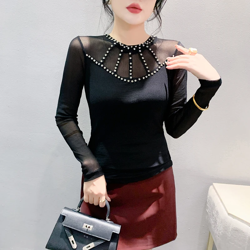

2024 New European Clothes Fall Winter T-Shirt Fashion Sexy O-Neck Patchwork Shiny Diamonds Women Tops Long Sleeve Tees 48035