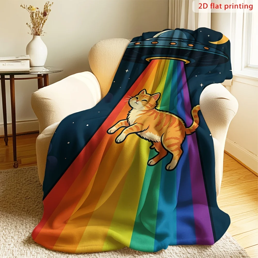 Cute Rainbow Cat UFO Blanket Throw for Sofa Home Decor Cozy Chunky Plush Oversize Fuzzy Bed Blanket 150x200cm